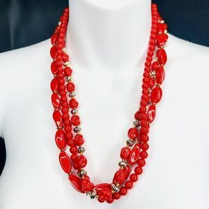 Vintage Chunky Gold Red Lucite Multi 3 Strand Beaded Necklace BEAUTIFUL 4062